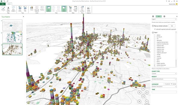 Novinka od Microsoftu v oblasti self-service BI a vizualizací - Power Map zobrazuje data v několika vrstvách v 3D mapovém podkladu.