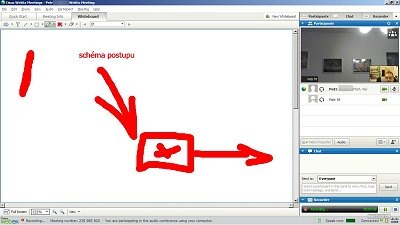 Rozhraní systému WebEx, zde s tabulí a zmenšeným obrazem komunikujících